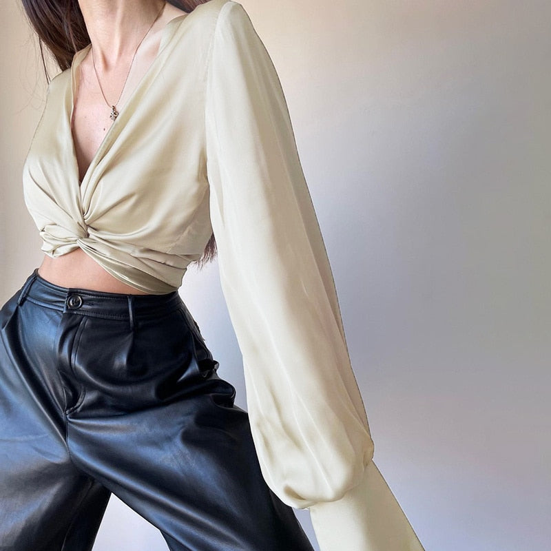 Satin Long Sleeve Wrap Tie Up Crop Shirt