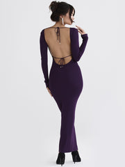 Purple Long Sleeve Tie Up Maxi Dress