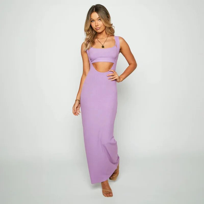 Ribbed Bandeau Deep Neck Layered Strap Long Dress