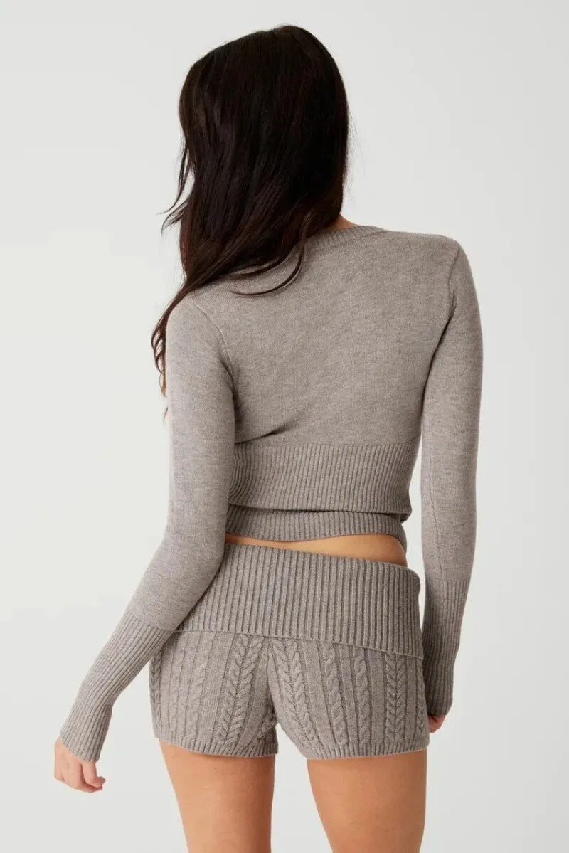 Knitted Zipper Hoddie Top And High Waist Short Set