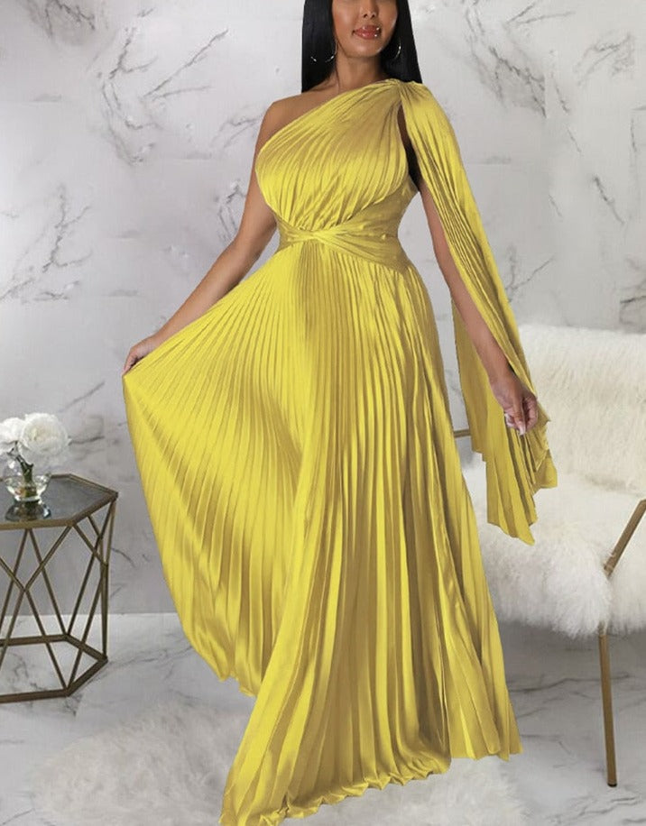 Satin Pleated Drape Sleeve Floor-Length Dresses