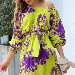 Print Off Shoulder Long Sleeve Maxi Dress