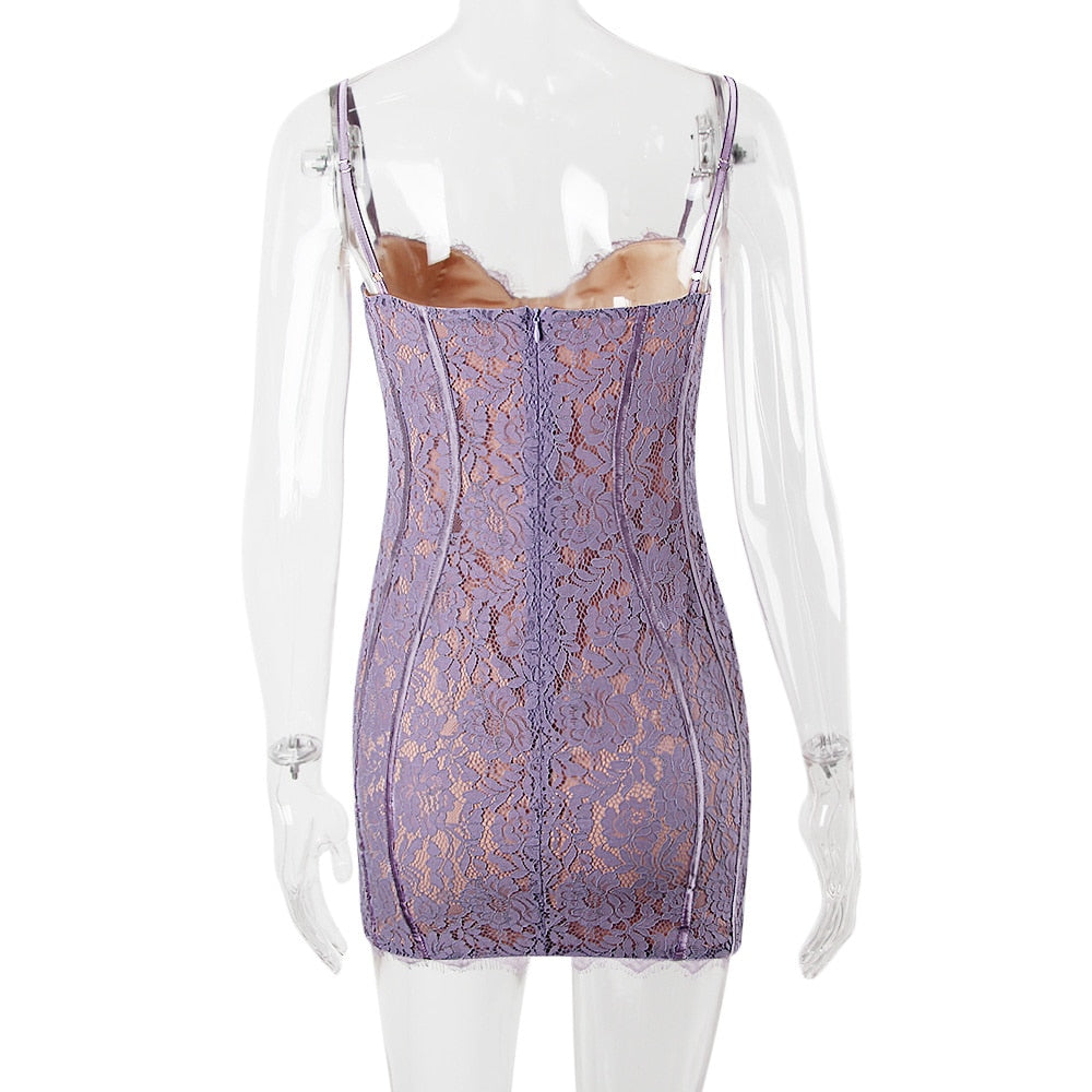 Purple Lace Sleeveless Backless Mini Dress