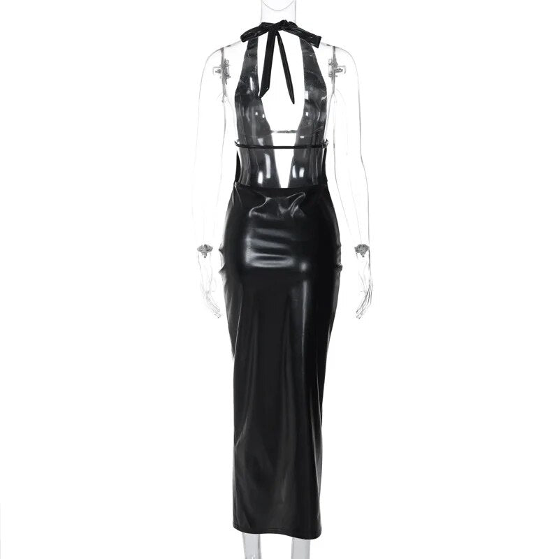 Black Faux Leather Deep V-Halter Backless Maxi Dress