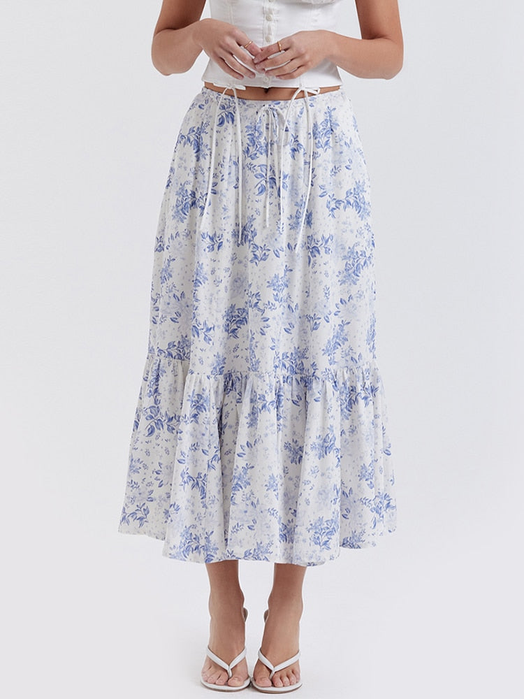 Blue Floral Print Midi Skirt