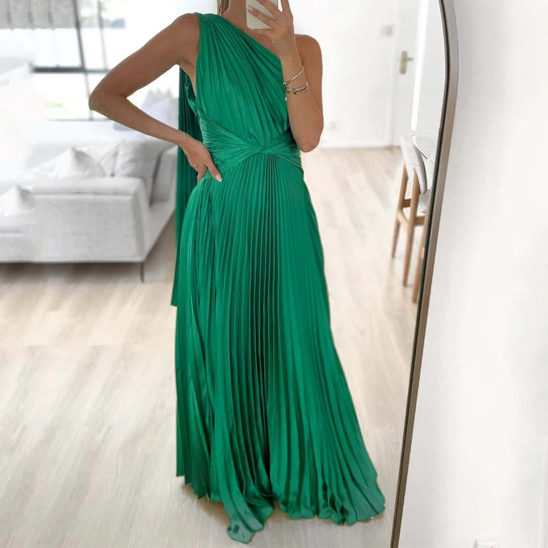 Satin Pleated Drape Sleeve Floor-Length Dresses