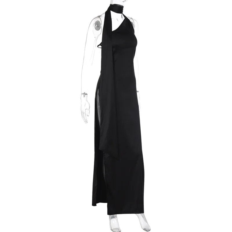 Black Halter Bandage Backless Slit Maxi Dress