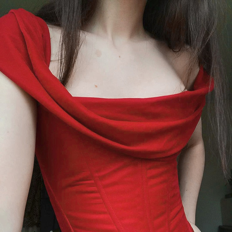 Red Off-shoulder Satin Corset Top