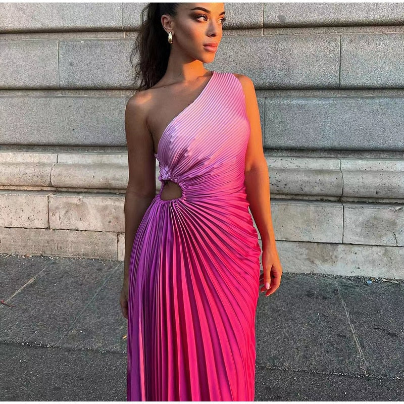 Pink Gradient Pleated One-Shoulder Maxi Dress