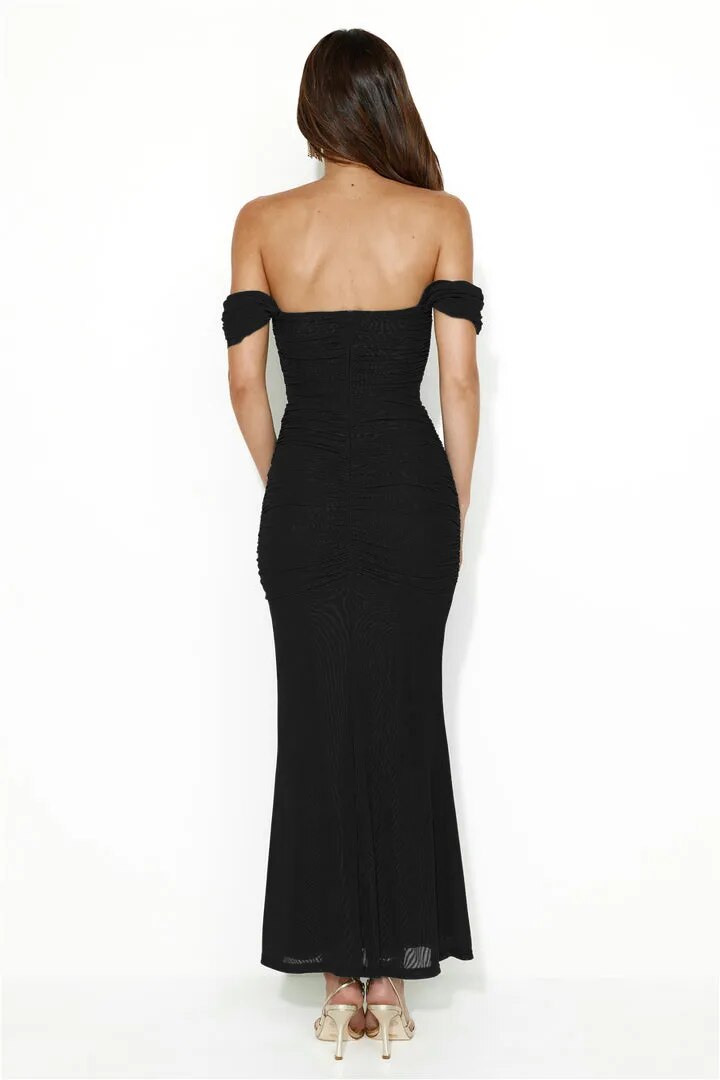 Mesh Ruched Off-Shoulder Bodycon Maxi Dress