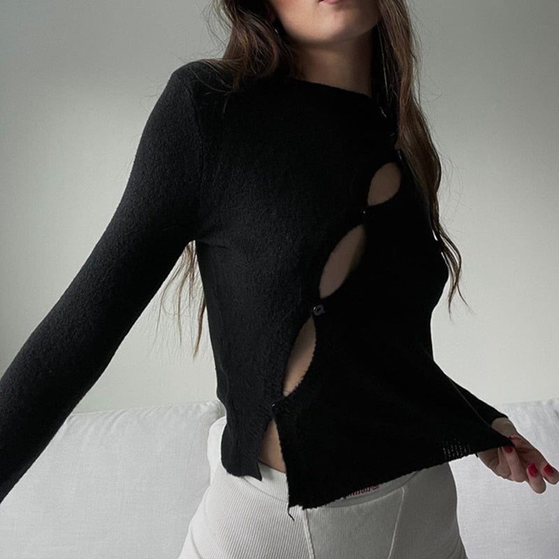 Knitted Diagonal Buttoned Long Sleeve Top