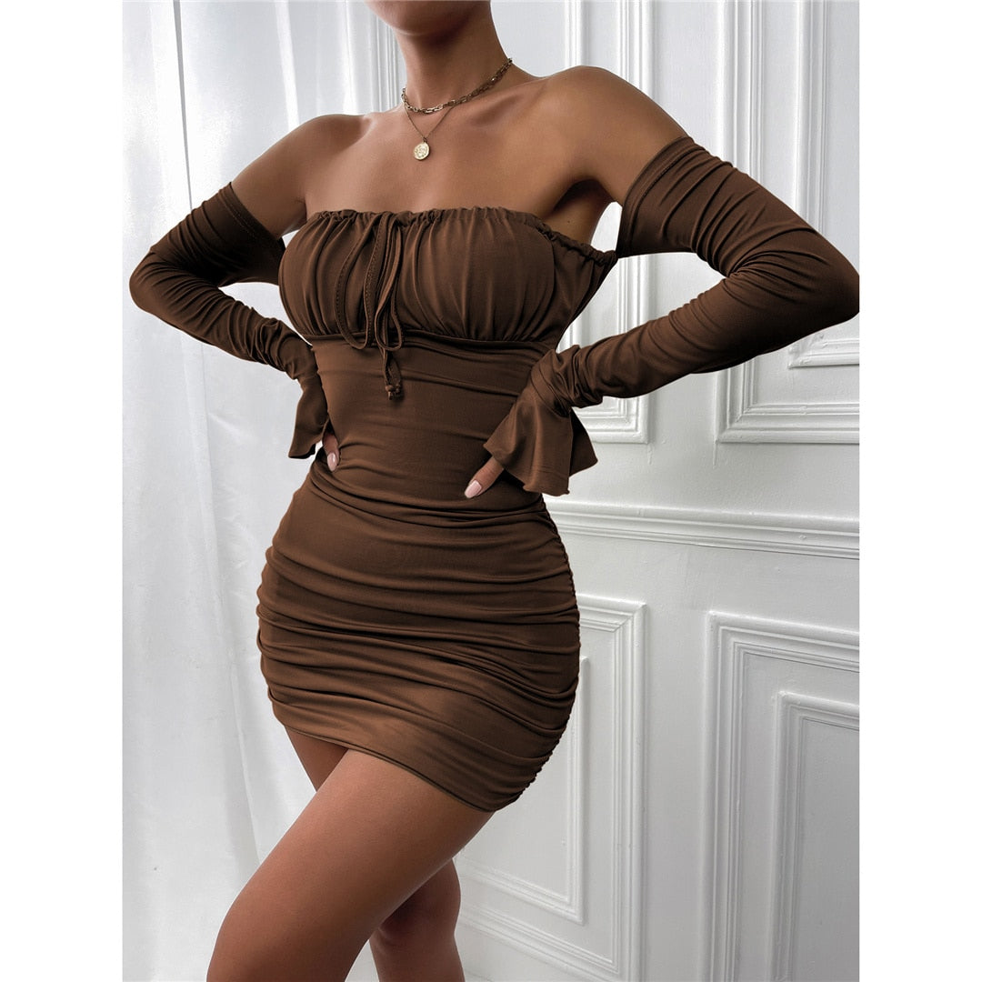 Off Shoulder Long Sleeve Hollow Chest Tie Dresses