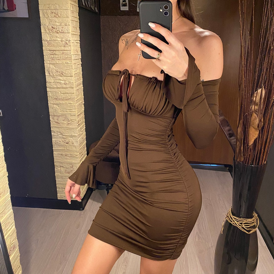 Off Shoulder Long Sleeve Hollow Chest Tie Dresses