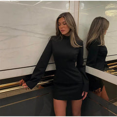 Black Long Sleeve Back Hollow Mini Dress