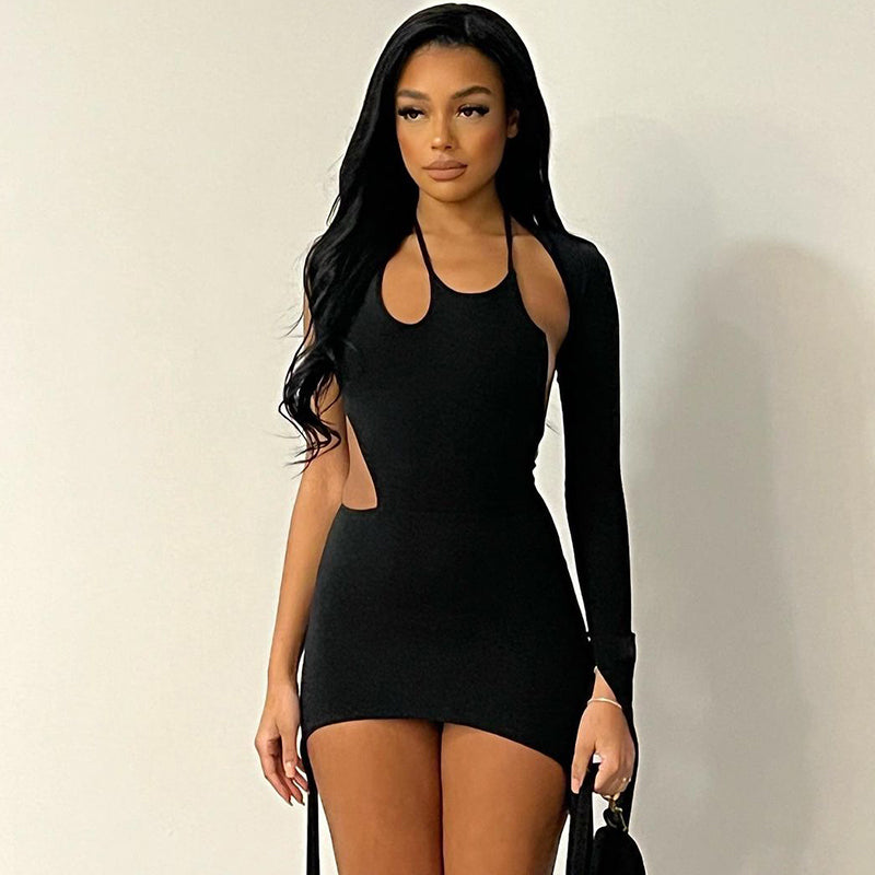 Asymmetric Long String One Shoulder Black Bodycon Mini Dress