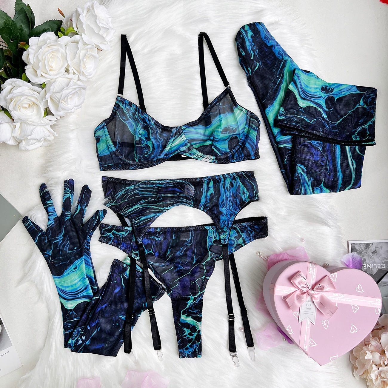 Mesh Printed Tie Dye Lingerie Set With Stocking Sleeve