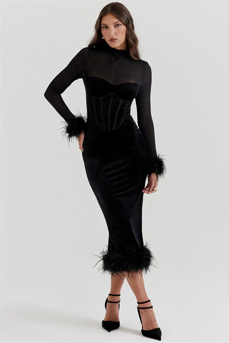 Black Velvet Long Sleeve Fur Trim Bodycon Midi Dress