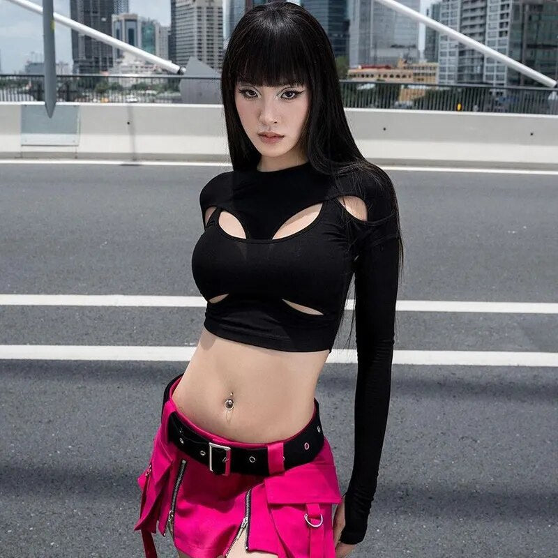 Black Long Sleeve Hollow Out Crop Top