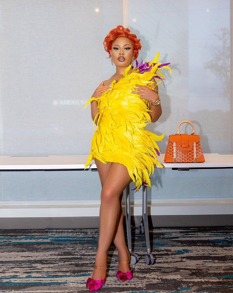 Yellow Feather Mini Dress