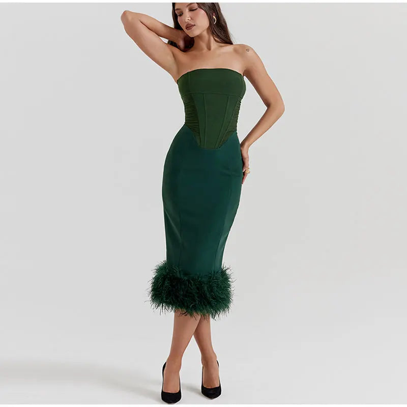 Corset Tube Fur Trim Bodycon Midi Dress