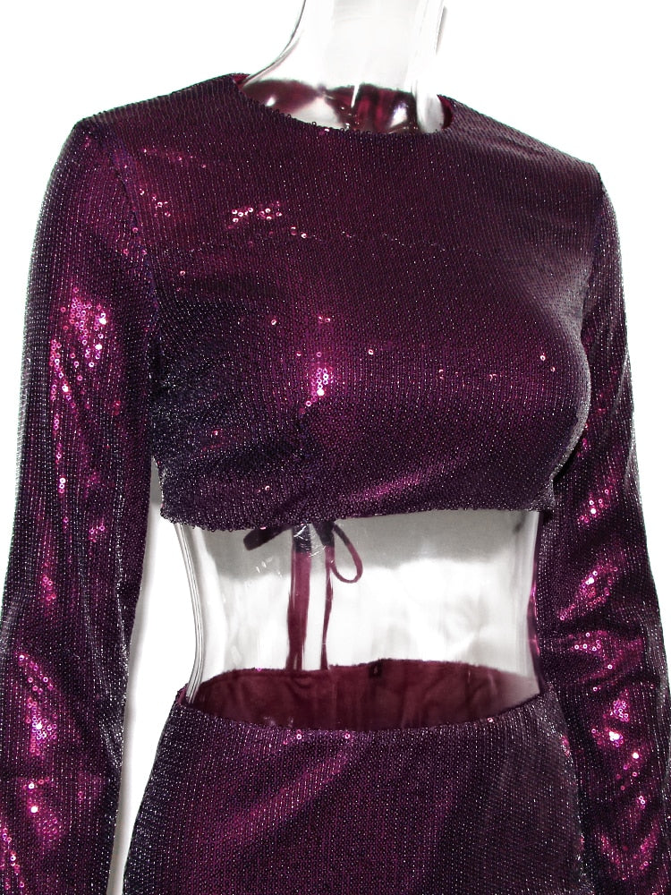 Purple Sequin Backless Crop Top And Mini Skirt Set