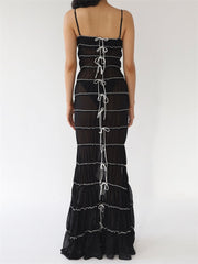 Black Bow Scrunched Ruched Maxi Mesh Dress