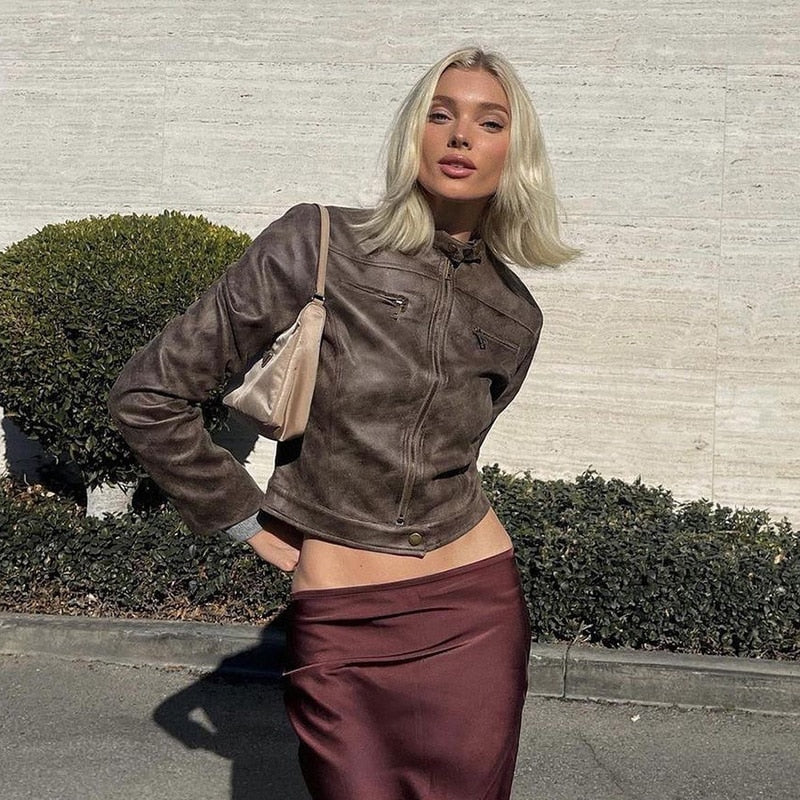 Brown Biker Faux Leather Jacket