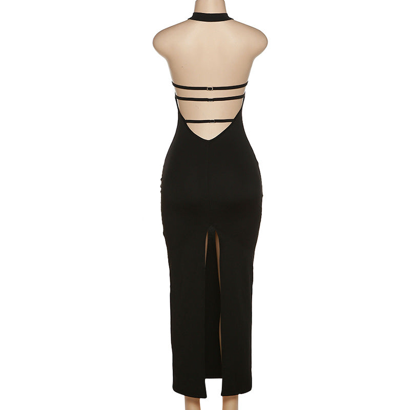 Black Halter Backless Maxi Dress With Back Straps