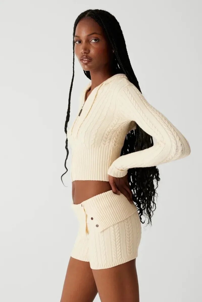 Knitted Zipper Hoddie Top And High Waist Short Set