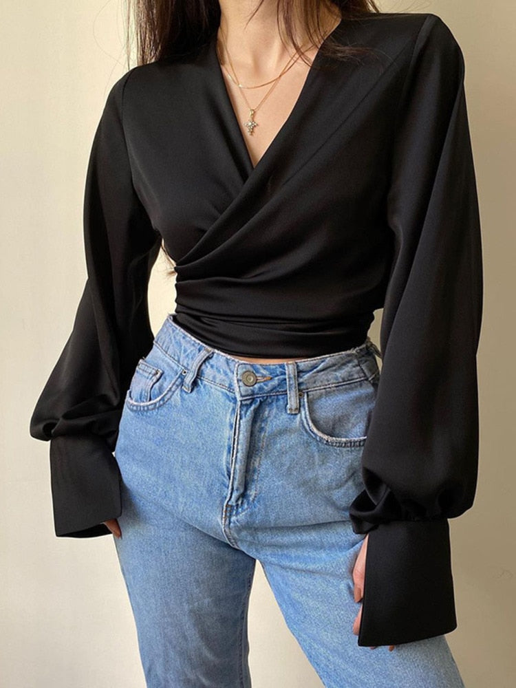 Satin Long Sleeve Wrap Tie Up Crop Shirt