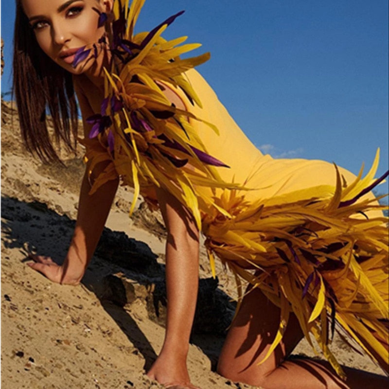 Yellow Feather Mini Dress