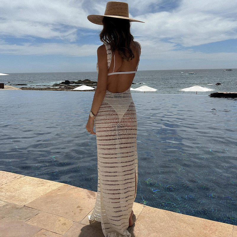 Backless Hollow Knit Split Maxi Dresses