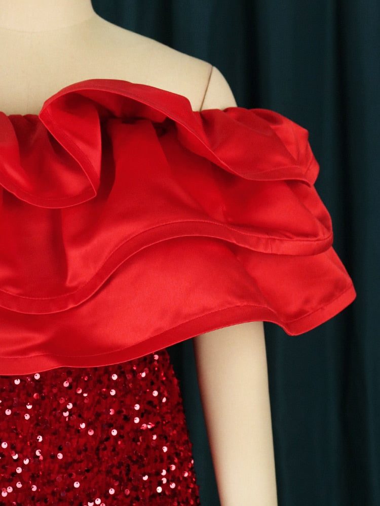 Red Off Shoulder Ruffles Sequin Dress