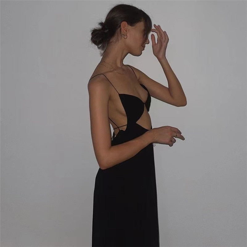 Black Strap Front Hollow Midi Dress