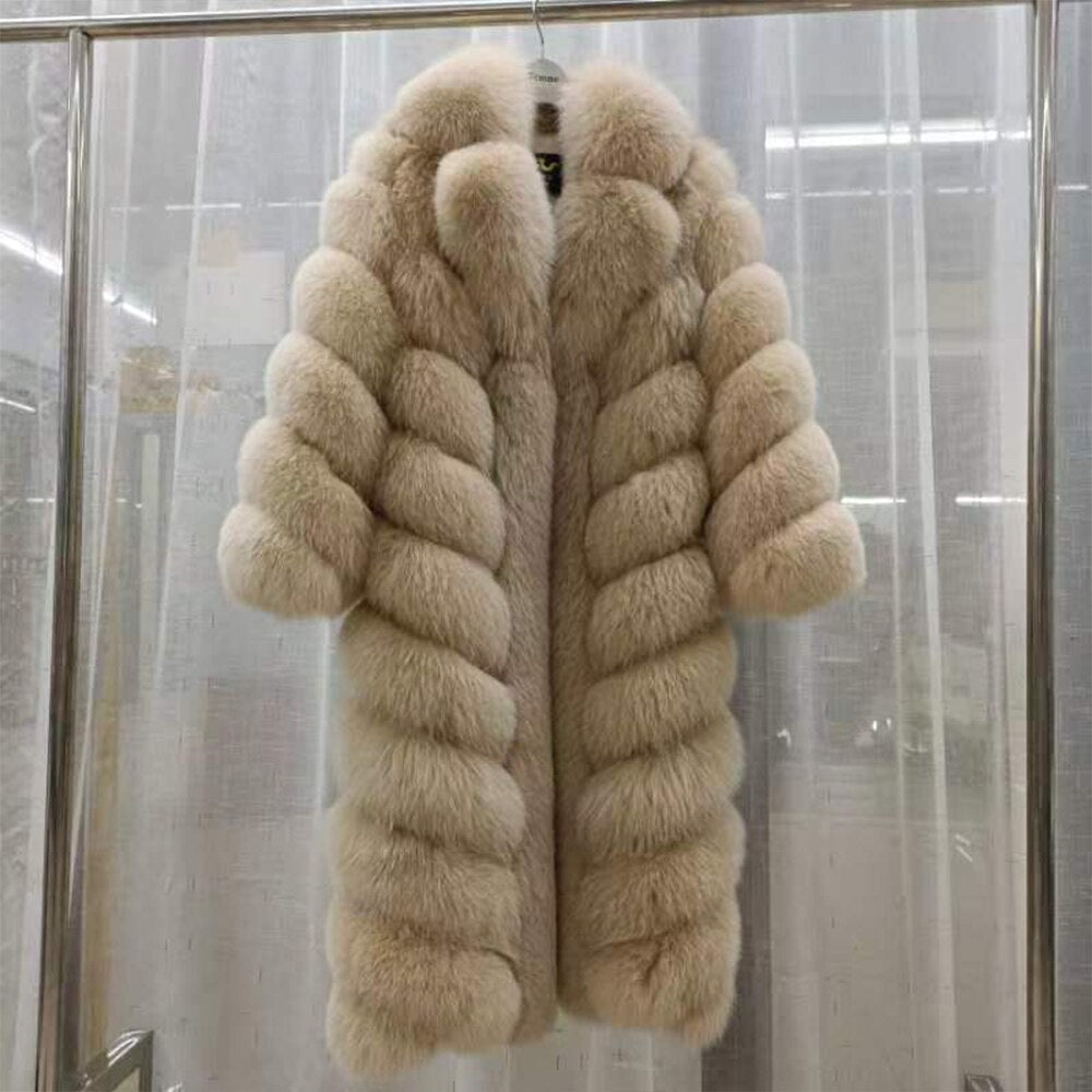 Striped Color Pattern Real Fox Fur Coats  X-Long