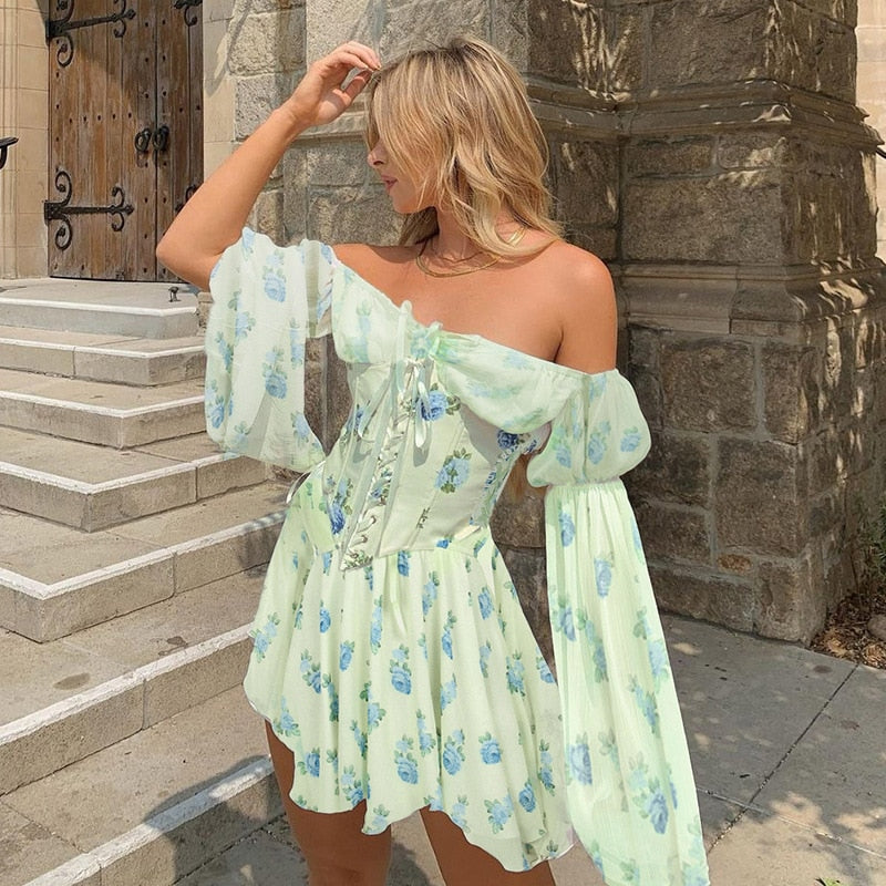 Floral Print Mesh Off Shoulder Long Sleeve Mini Dress With Corset