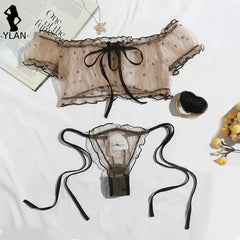 Brown Mesh Off-Shoulder Tie-Up Lingerie Set