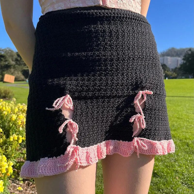 Knitted Bow Tie Up Slit Mini Skirt