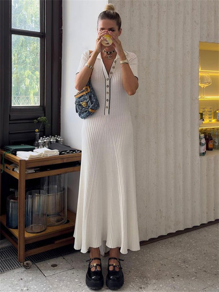 Knit Short Sleeve Collar Maxi Dress