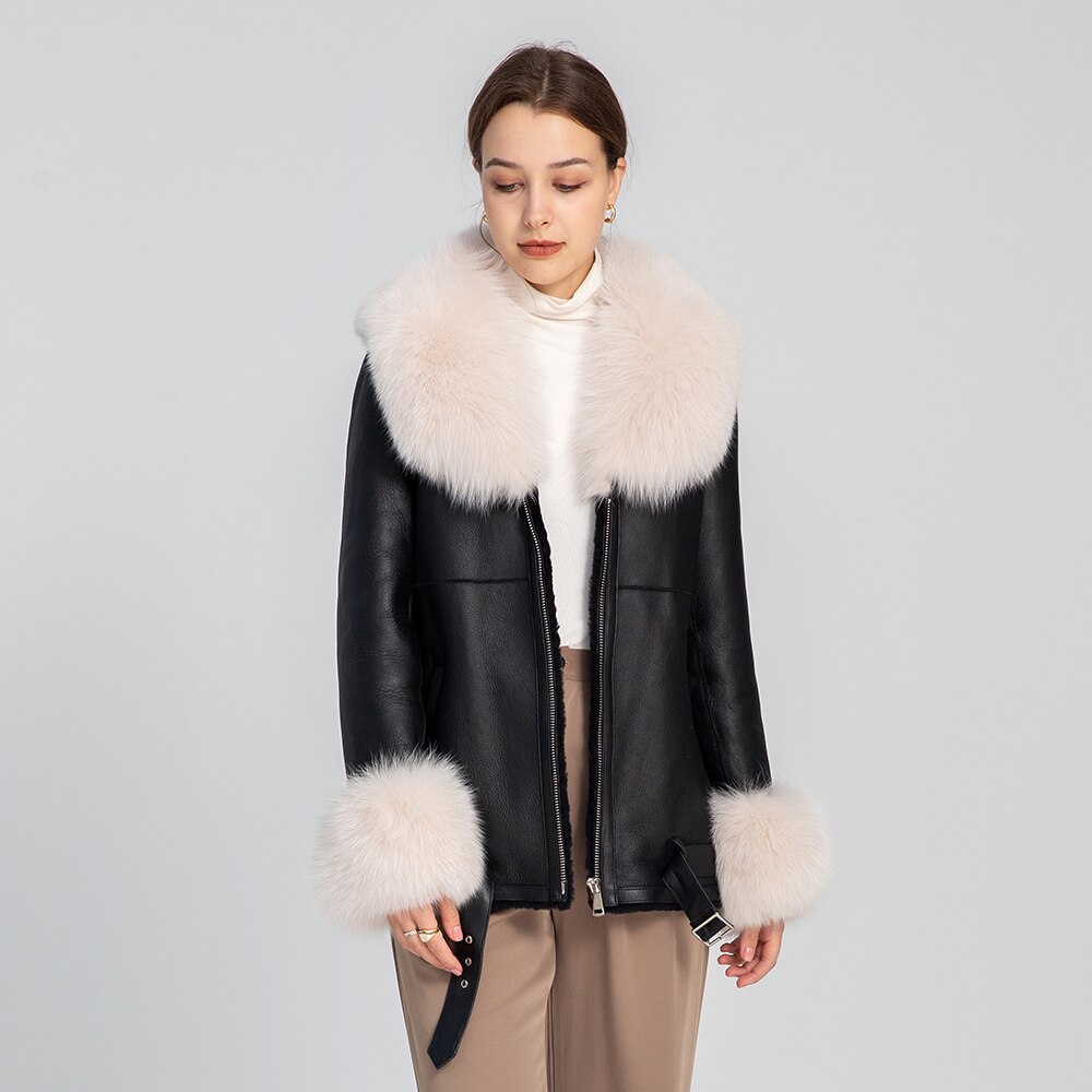 Genuine Leather Coats Real Shearling Fur Collar & Cuffs