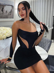 Black Patchwork Mesh Long Sleeve Bodycon Mini Dress