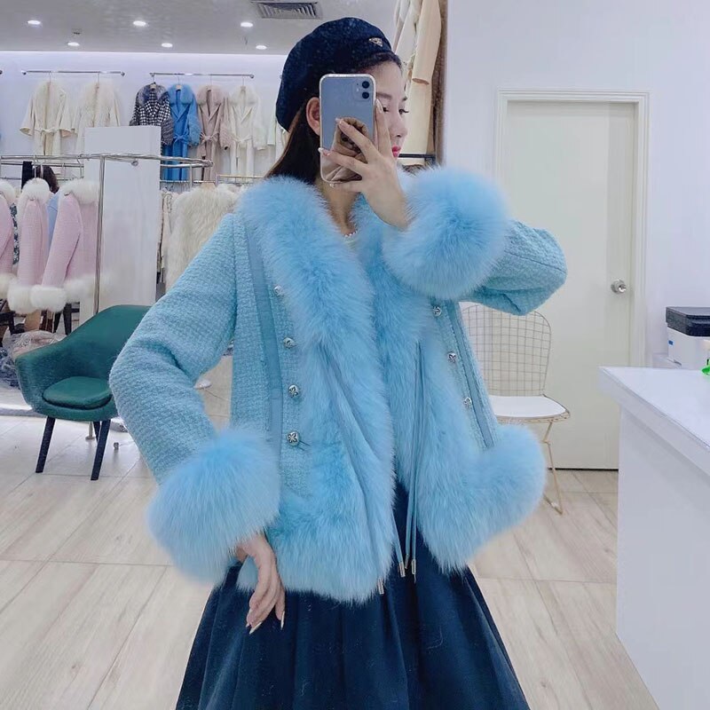 Wool Blend Real Fox Fur Coats