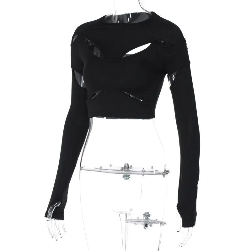 Black Long Sleeve Hollow Out Crop Top