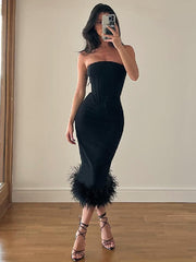 Black Tube Midi Dress With Fur Trim