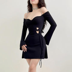 Black Ribbed Off Shoulder Long Sleeve Heart Cut Out Mini Dress