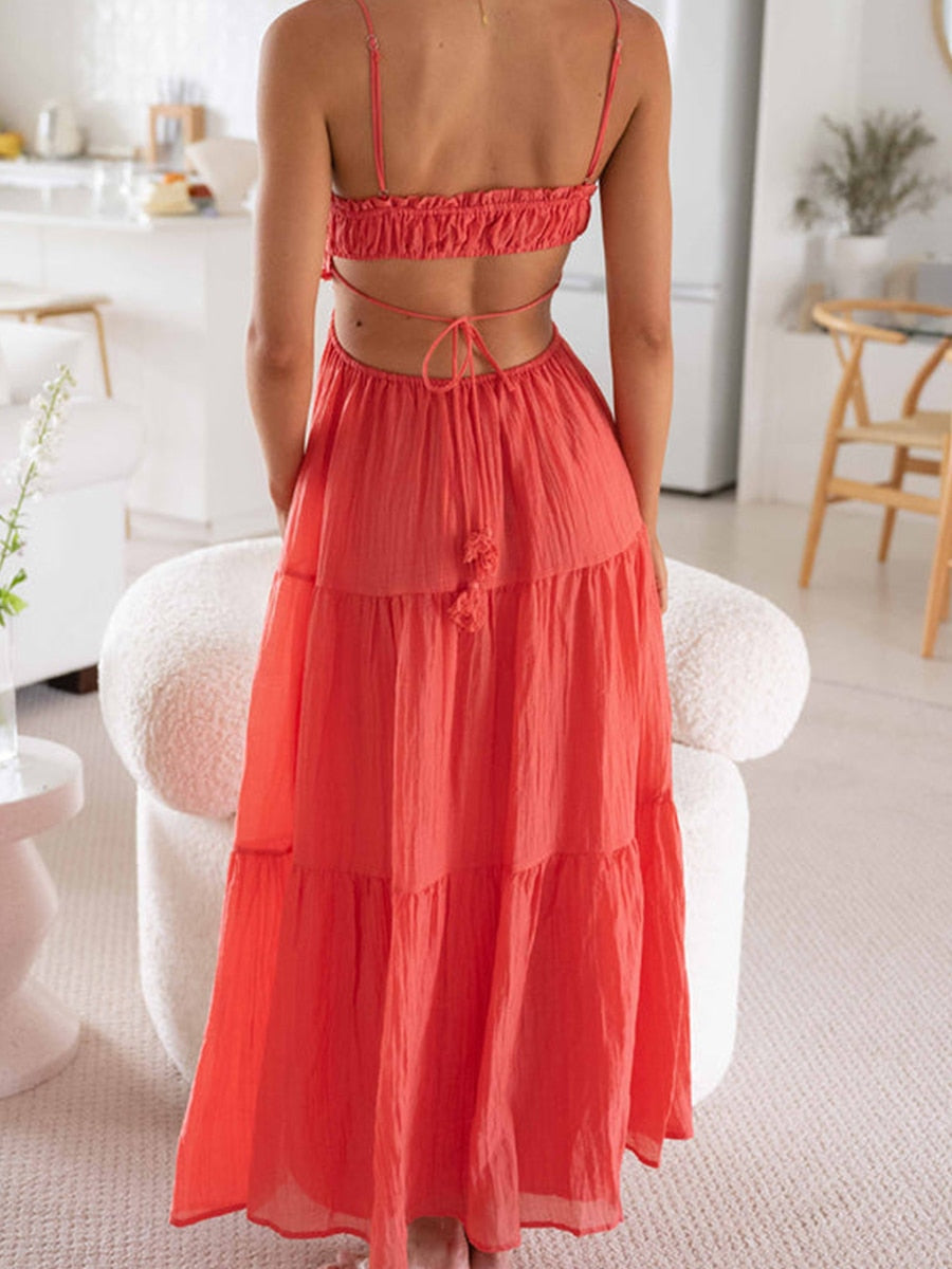 Ruched Tie-Up Strappy Maxi Dress