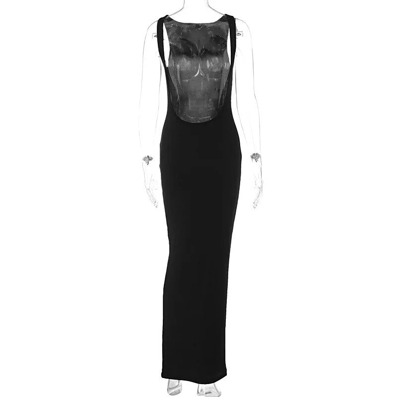 Ribbed Bandeau Deep Neck Layered Strap Long Dress