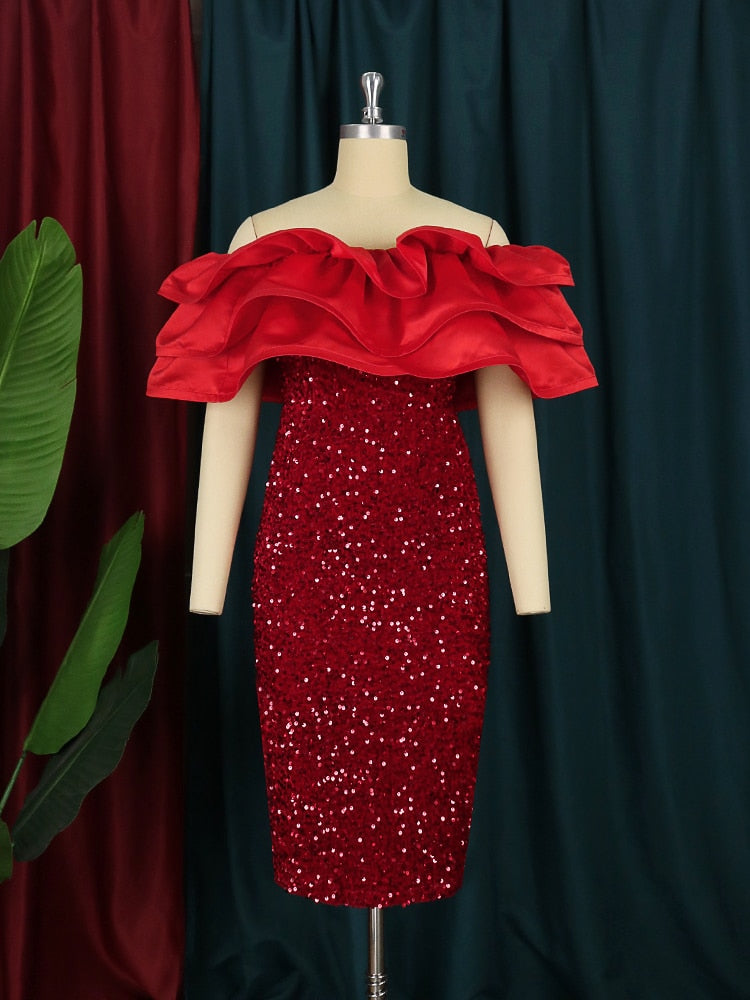 Red Off Shoulder Ruffles Sequin Dress