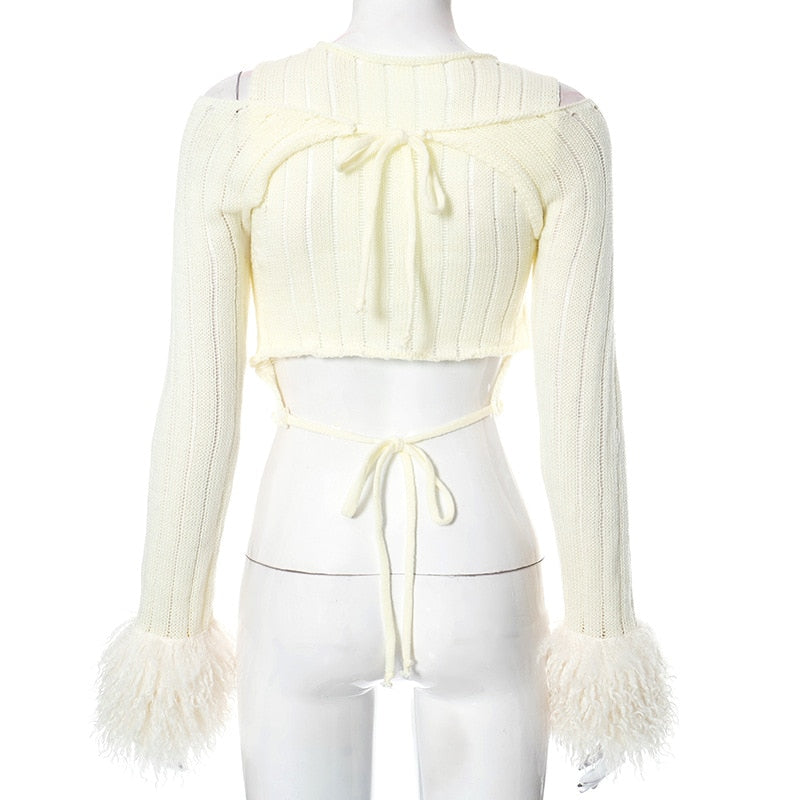 Feathers Trim Knit Two Piece Lace Up Cardigan Top