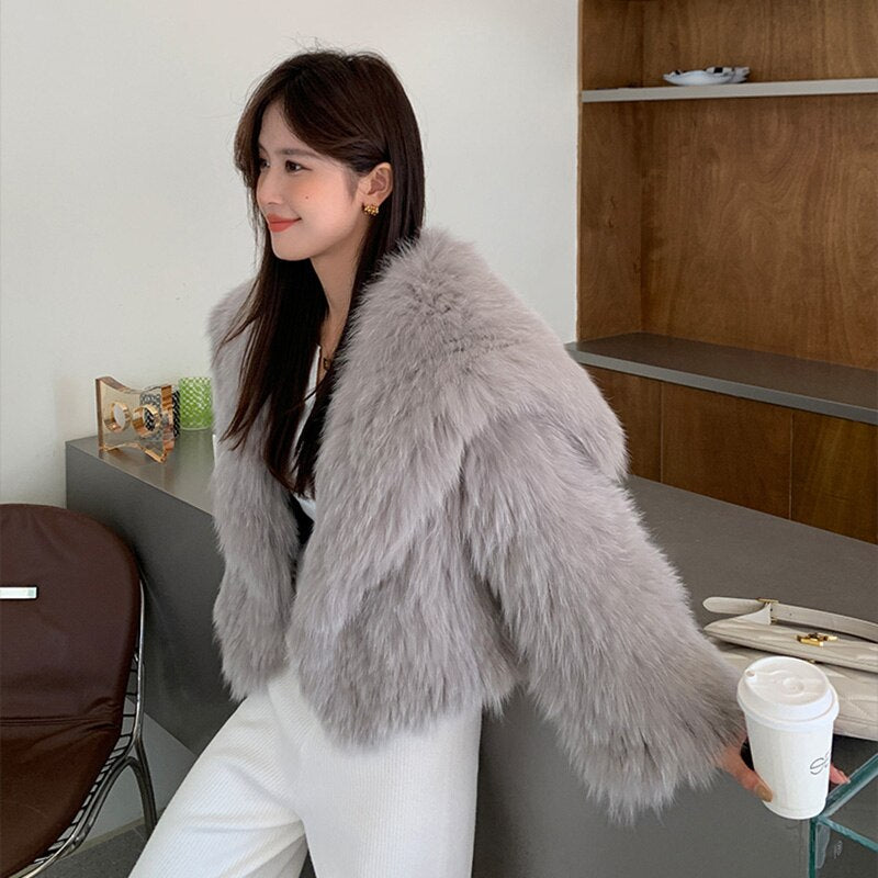 Fluffy Large Collar Knitted Real Fur Coats